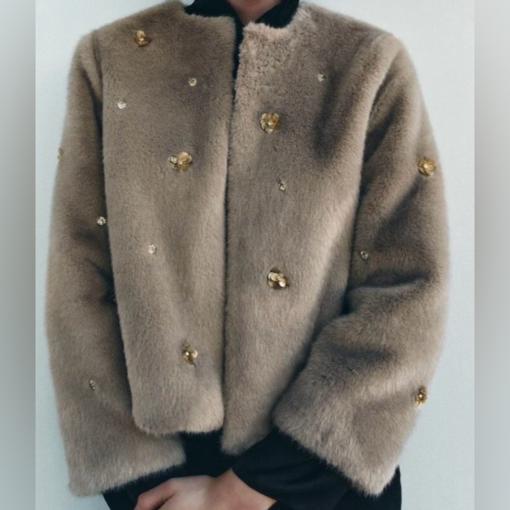 Zara Faux Fur Jacket with Gold Accents L